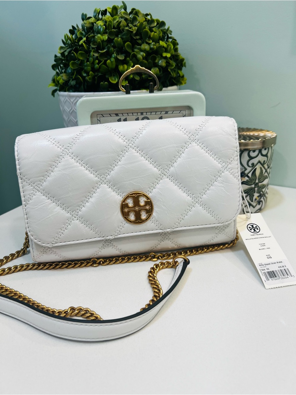 Tory Burch White Quilted Leather Chain Crossbody with Gold Logo